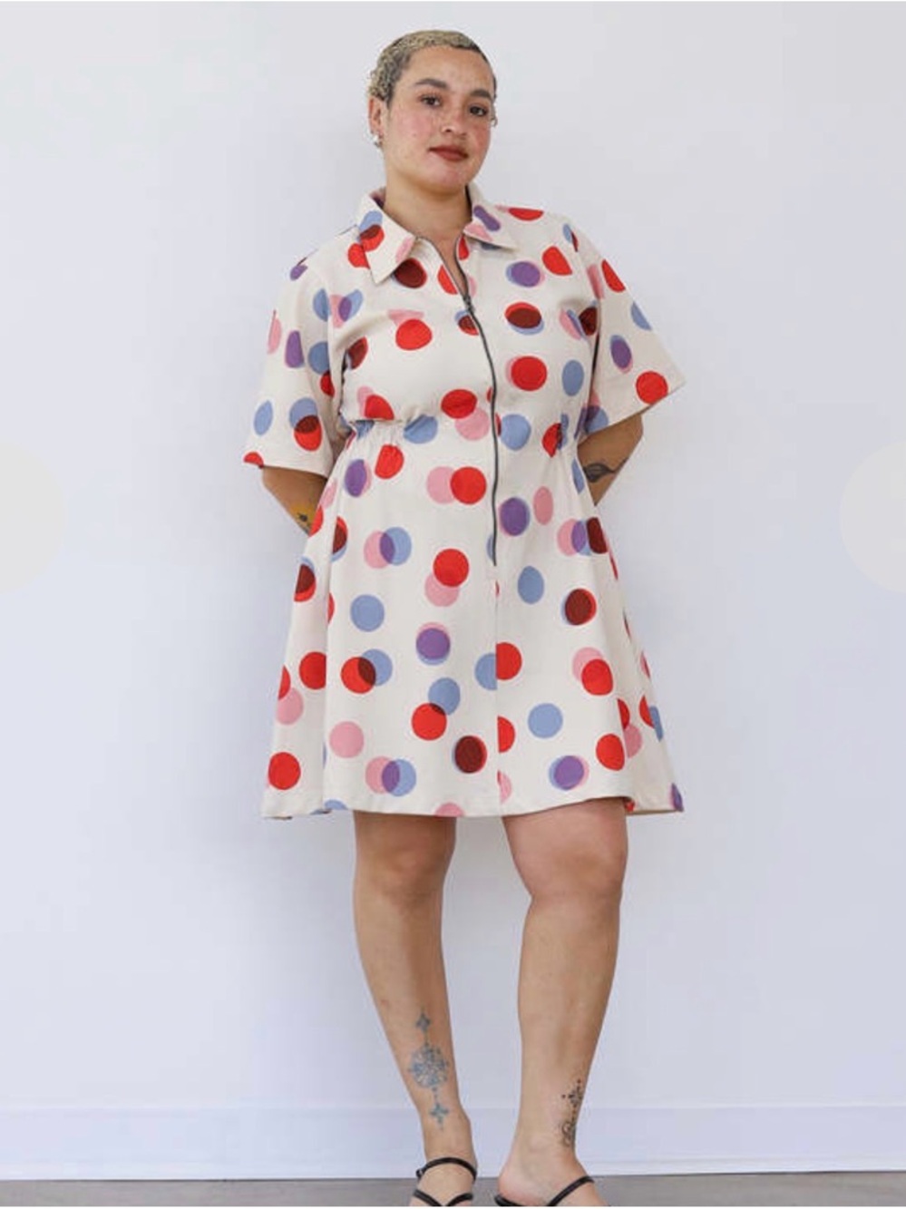 Noble Polka Dot Short Sleeve Cream Dress with Red & Purple Dots size L